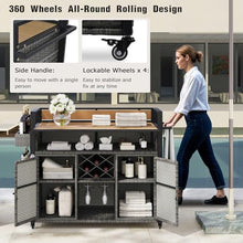 Doredo Wicker Outdoor Grill Cart with Extended Wood-Plastic Table Top, Outdoor Grill Table for Food Prep, Kitchen Island on Wheels with Storage Cabinet for Patio Backyard Garden Poolside, Gray