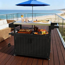 Modern Outdoor Bar Tables with Four 360° Swivel Wheels and Detachable Paper Towel Rack, Mobile Storage Islands with Cabinet and Open Shelf (Black and Silver)