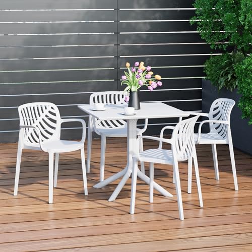 Costaelm Breakfast Table Set for 4, HDPE Patio Square Dining Table and Stackable Chairs, Outdoor Small Patio Furniture Set All Weather for Backyard Porch Poolside, White