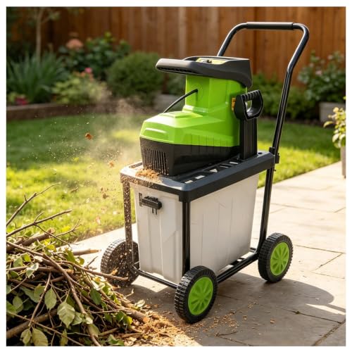 MIAOXIAOLONG 1.8" Electric Wood Chipper, 60L Collection Bin Electric Mulcher Chipper Shredder, Wood Chipper with Max 5000RPM Motor Speed, Easy-Cleanup, for Twigs and Branches