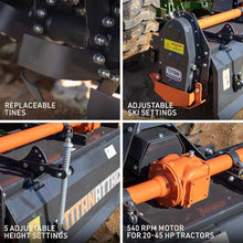Titan Attachments 3 Point 60" Rotary Tiller Attachment Fits Cat 1 Tractors, Charcoal Finish, Single Speed PTO Driven Cultivator with a 540 RPM Gearbox, Replaceable L-Shaped Tines Work 5" Deep