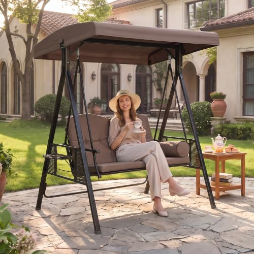 PURPLE LEAF Outdoor Swing 2-Seat with Canopy and Stand Durable Frame, Beige