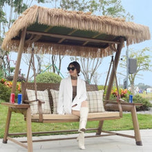 3-Seat Patio Swing Chair with Solar LED Light,Patio Porch Swing Chair with Canopy, UV-Proof,Waterproof, Fireproof,PE Thatch,Aluminum Alloy Frame for Garden Poolside