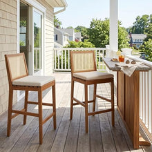 Christopher Knight Home Kirkby Outdoor Counter Height Bar Stools Set of 2, Acacia Wood Counter Stools with Wicker Backrest, Patio Bar Chairs with Cushion for Outdoor Bar Table, Teak + Beige + Yellow