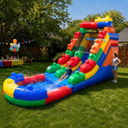 Pogo Bounce House 15FT Inflatable Water Slide with Blower, Building Blocks