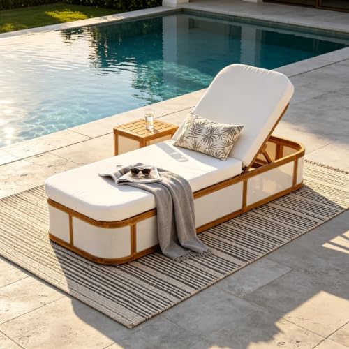 Merax Teak Finish Acacia Wood Chaise Lounge Set with Cream 2-Fold Cushion, Outdoor Recliner Chair with 3-Position Adjustable Backrest, Water-Resistant Curved Cushion for Patio Poolside