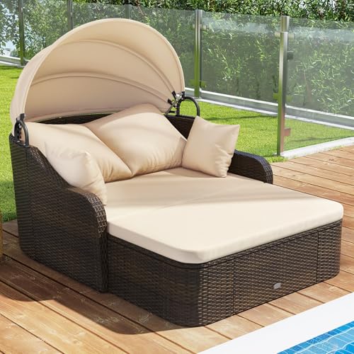 Moccha Outdoor Daybed with Retractable Canopy - PE Rattan Double Chaise Lounge w/ Soft Cushions, Pillows, Ottoman, Outside Sunbed, Wicker Loveseat Sofa, Sectional Conversation Set, Patio Furniture Set