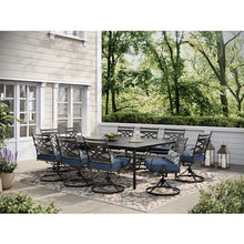 Hanover Montclair 11-Piece Patio Dining Set with 10 Swivel Rocker Chairs and Lumbar Pillows Navy Blue
