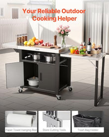 VEVOR Outdoor Grill Cart with Storage Cabinet, 74.8 Inch Grill Table, Waterproof Kitchen Island with Stainless Steel Top, Pull-Out Plate, Wheels, Movable Food Prep Station for Patio Bar Backyard BBQ