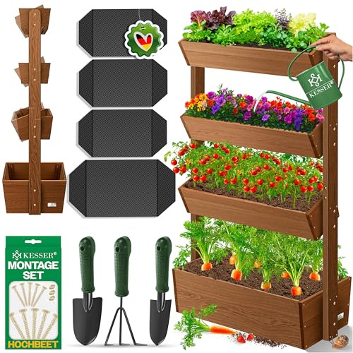 KESSER® Raised Bed with 4 Levels Premium Flower Box Flower Stairs Plant Stairs Vegetable Bed Herb Bed Planter Cold Frame Flower Bed Planter Including Garden Fleece Bed for Patio Balcony and Garden