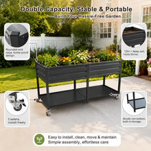 2-Tier Elevated Metal Wicking Garden Bed with Lockable Wheels & Storage Shelf, Dark Gray Staggered Self-Watering Planter. Built-in tank feeds plants via capillary action for veggies, herbs, flowers