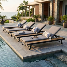 Merax 4 piece Black Iron Teak Finish Chaise Lounge Set with 2" Thick 2-Fold Cushion, 400 lbs Capacity, Adjustable Backrest with Flat Storage Surface for Patio, Poolside, Backyard, Dark Gray