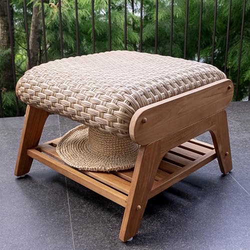 Cambridge Casual Camden Teak Outdoor Ottoman Beige – Quick-Dry Cushion, Padded Woven Seat, Rustic Wicker Accent, Water-Resistant Patio Cover, All-Weather Footrest for Porch, Deck, or Garden