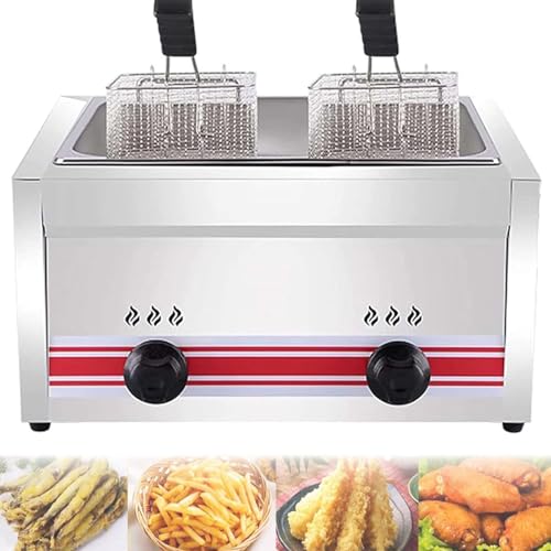 Professional Commercial Gas Fryer, Stainless Steel LPG Fryer, Adjustable Firepower, with Baskets and Lid, Easy Cleaning Singlecylinder20l