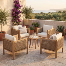 Seeheool Set of 4 Outdoor Acacia Wood Patio Chairs, Light Brown PE Wicker Woven Armchairs with Beige Cushions
