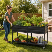 2-Tier Elevated Metal Wicking Garden Bed with Lockable Wheels & Storage Shelf, Dark Gray Staggered Self-Watering Planter. Built-in tank feeds plants via capillary action for veggies, herbs, flowers