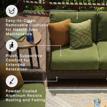 Signature Design by Ashley Horizon Hall Casual Outdoor Sofa with Cushions, Rust-Resistant Aluminum Frame, Handwoven Resin Wicker 3-Seat Patio Couch for Deck or Sunroom, Green & Dark Brown, 88" W