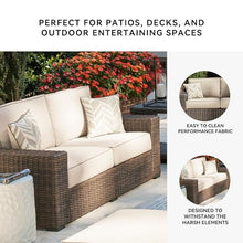 Signature Design by Ashley Coastline Bay Outdoor Loveseat, Rust-Free Aluminum Frame with Nuvella Cushions and Handwoven All-Weather Resin Wicker, Deep Seating 2 Person Patio Sofa, Brown and Beige