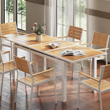 VredHom Outdoor Dining Table, 63"-83" Patio Extendable Dining Table with Brown Wooden-Like Top and White Aluminum Frame, Rectangular Table Outdoor Furniture