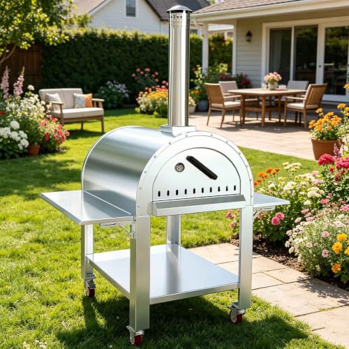 32''L Stainless Steel Wood Fired Pizza Oven, Mobile Wood Pellet Pizza Grill