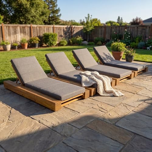 Merax Outdoor Teak Acacia Wood Chaise Lounge Chair Set of 4, Adjustable Backrest Patio Recliner with Grey Water-Resistant Cushion for Poolside, Deck & Backyard