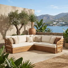 Homyee Durable Acacia Wood Outdoor V Shaped Sectional Sofa Set w/Water Repellent Cushions for Garden, Solid Wood Patio Corner Couch w/Slatted Design for Porch, Deck, Balcony (Teak)