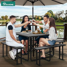YITAHOME 37" Metal Picnic Table, Powder Coated Outdoor Picnic Table with Heavy-Duty Steel Frame, Adjustable Seats & Umbrella Hole for Yard, Patio, Lawn, Party, Black, Square