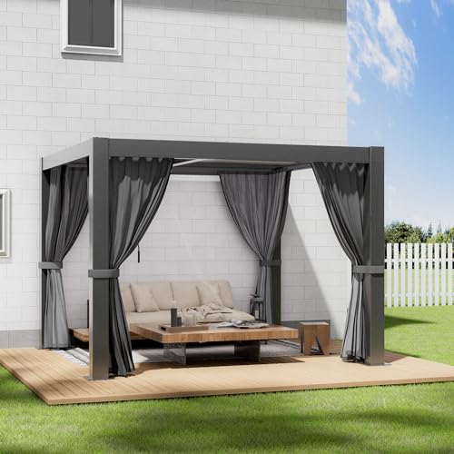 GS CHIER Outdoor Louvered Pergola 10' x 10' Adjustable Roof Black with Curtain