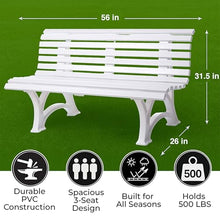 Plow & Hearth Weatherproof German PVC Outdoor Bench | 3-Seat | Holds Up to 500 lbs | Garden Patio Porch Park Deck | Steel and Resin (White)