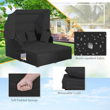 ORALNER Outdoor Daybed, 2-Person Wicker Patio Sofa with Retractable Canopy, Cushions & Pillows, 2 Side Trays, PE Rattan Double Sunbed Lounger for Deck Poolside Garden Balcony (Black)
