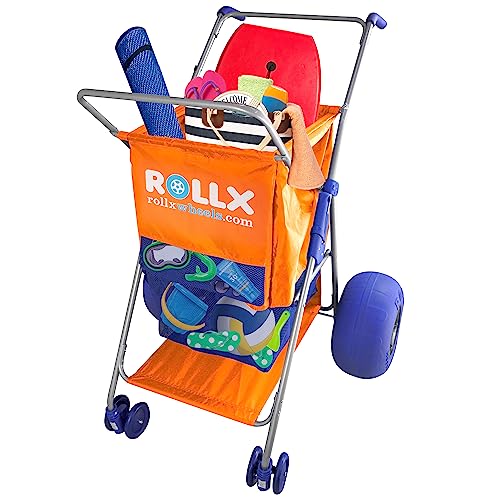 RollX Beach Cart with Big Balloon Wheels for Sand, Foldable Storage Wagon with 13 Inch Beach Tires (Pump Included) (Orange)