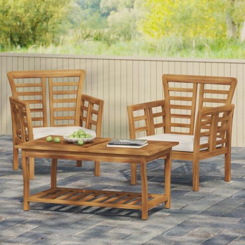 Hassyee 3 Pieces Acacia Wood Bistro Set with Slat Panel Design for Backyard, Poolside, Outdoor Furniture Set with Spacious Seats and Storage Shelf for Balcony, Lawn, Garden