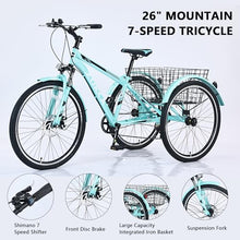 KOZYSFLER Adult Tricycle 7-Speed with 26-Inch Wheels, Wide Saddle, Rear Basket Green