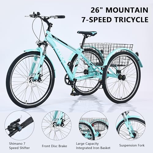 KOZYSFLER Adult Tricycle 7-Speed with 26-Inch Wheels, Wide Saddle, Rear Basket Green