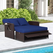 LDAILY Moccha Outdoor Daybed, Wicker Loveseat Sofa Set with 4-Postion Adjustable Backrest, Storage Ottoman, Cushions, Rattan Double Bed Lounger, Patio Furniture Set (Navy)