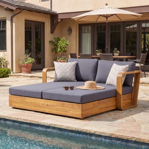 Merax Outdoor Daybed Patio Sofa Bed, Acacia Wood 2-Seater Patio Sofa with Thick Cushions, Teak Finish Outdoor Loveseat Daybed with Detachable Pillows for Poolside, Backyard, Porch & Sunroom