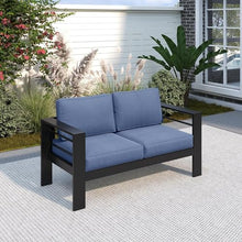 Seeheool 50" All-Weather Aluminum Patio Loveseat with Thick Blue Cushions & Black Frame
