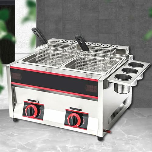 Large Capacity 22L Gas Fryer, Commercial Household LPG Gas Fryer, Freestanding Temperature Control, Adjustable Firepower, With Removable Baskets And Lid