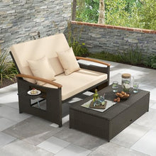 LDAILY Moccha Outdoor Wicker Daybed, Patio Rattan Loveseat Sofa w/ 4-Level Adjustable Backrest, Folding Panels, Storage Ottoman & Cushions, Lounge Furniture Set for Poolside Backyard Porch (Beige)