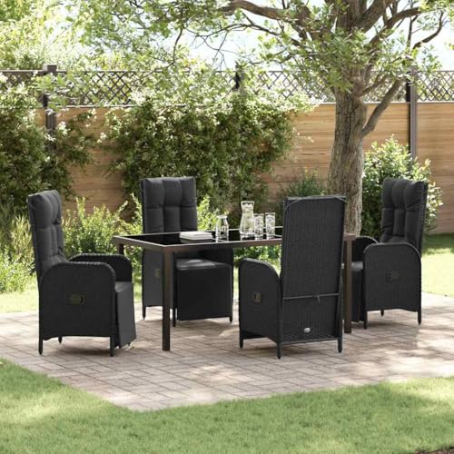 FUDUGEHMIOFWFJJ Modern 5-Piece Outdoor Dining Set with Cushions, Black Poly Rattan Patio Furniture Set with Tempered Glass Table for Garden, Backyard, Balcony