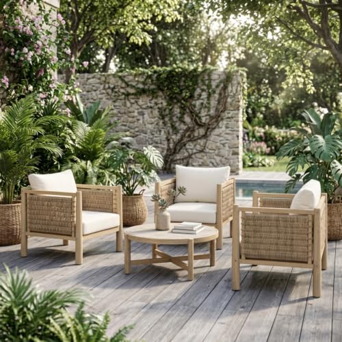 Acacia Wood Outdoor Club Chair w/PE Wicker Panels for Garden, Solid Wood Patio Dining Chair w/Removable Cushions for Balcony, Outside Accent Armchair w/Sturdy Wooden Frame for Porch (Set of 3)