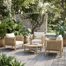 Acacia Wood Outdoor Club Chair w/PE Wicker Panels for Garden, Solid Wood Patio Dining Chair w/Removable Cushions for Balcony, Outside Accent Armchair w/Sturdy Wooden Frame for Porch (Set of 3)