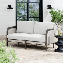 Nathan James Twila Boho Outdoor Loveseat for Porch or Patio with Rattan Arms, Outdoor Sofa with Solid Wood Frame, Linen White