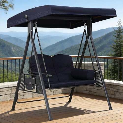 Outdoor Patio Porch Swing with Adjustable PVC Canopy, Porch Swing 2 Person Patio Swing Chair with Anti-Slip Foot Pads, A-Shaped Structure for Garden Balcony Backyard(Blue)