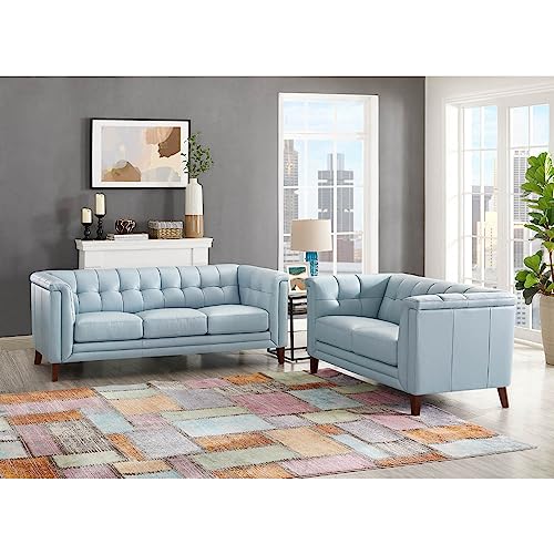 Hydeline Arvo Top Grain Leather Sofa and Loveseat Set, Spa Blue
