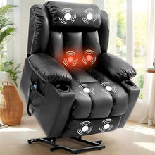 UOPYNE Extra Wide Leather Power Lift Recliner Chair for Elderly with Heat and Massage, Electric Reclining Living Room Chair with Cup Holders, Side Pockets and USB Port, Black