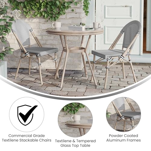 EMMA + OLIVER Massalia Indoor/Outdoor Bistro Set - Black & White Textilene - Light Natural Bamboo Frame