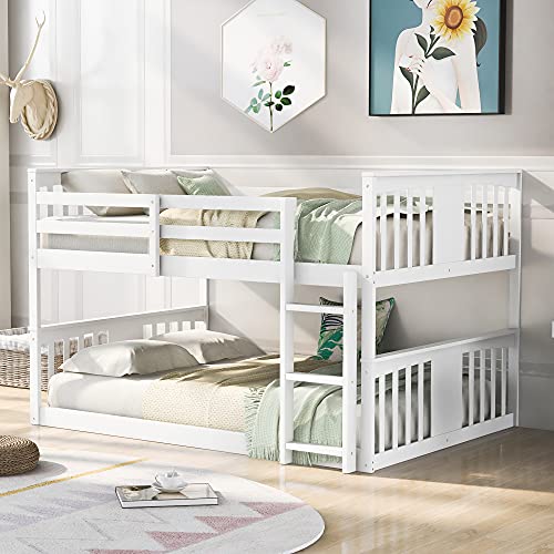 Harper & Bright Designs Full Over Full Low Bunk Bed with Ladder White