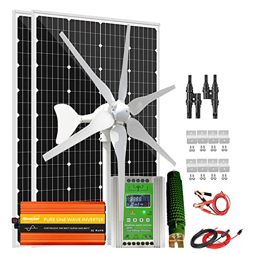 640W Wind Solar Powered Kit 12V 24V Off Grid System: 2pcs 120W Monocrystalline Solar Panel,400W Wind Turbine Generator,Hybrid MPPT Charge Controller & 3000W Inverter & Brackets
