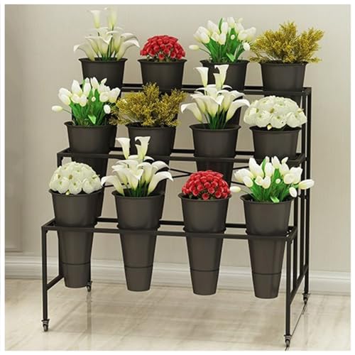 Flower Display stand with Flower Buckets, Movable Plant Cart Shelf Cut Flowers Container Shelf, Florist Plant Display Shelves Flower Shelf Ladder, Florist Bouqu（Black Frame Black Bucket-100×60×88cm）